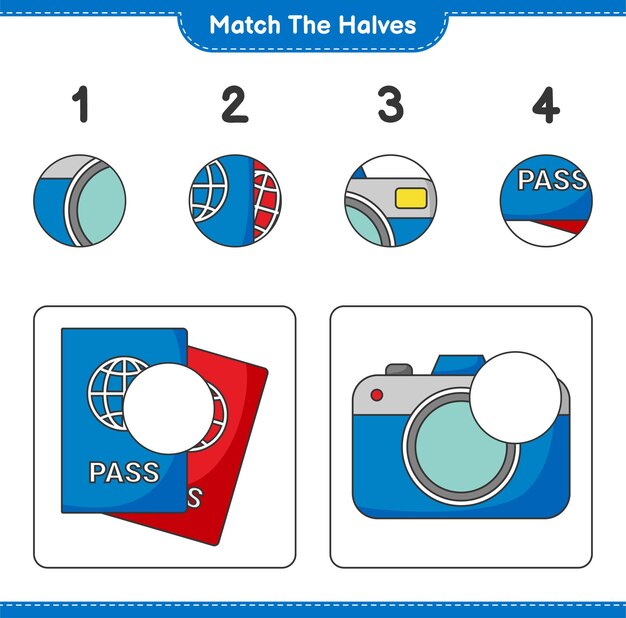 Match the halves. Match halves of Passport and Camera. Educational children game, printable worksheet, vector illustration