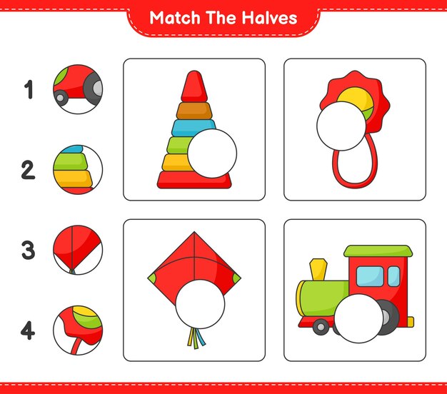 Match the halves Match halves of Pyramid Toy Baby Rattle Kite and Train