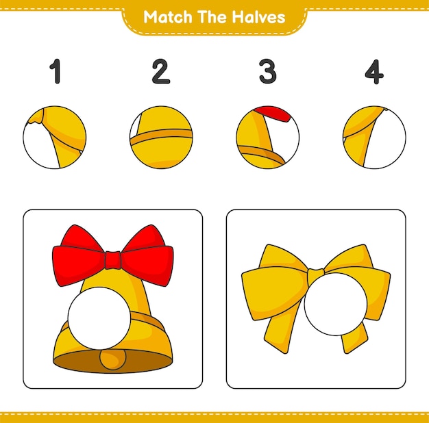 Match the halves Match halves of Ribbon and Christmas Bell Educational children game printable worksheet vector illustration