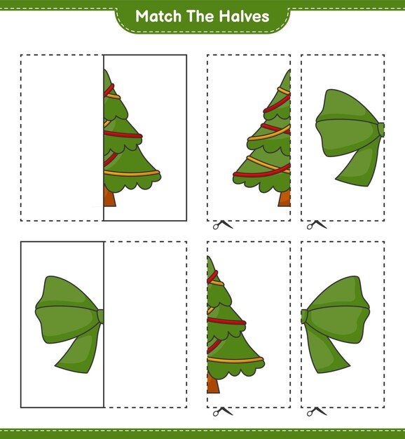 半分に合わせるリボンとクリスマスツリーの半分に合わせる教育用子供向けゲーム印刷可能