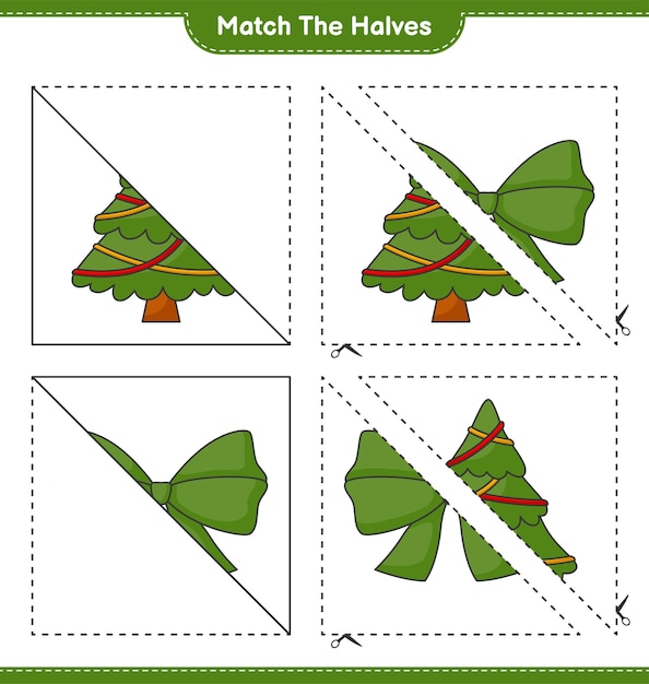 Match the halves Match halves of Ribbon and Christmas Tree Educational children game printable