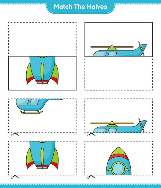 Abbina le metà abbina le metà del gioco educativo per bambini rocket ed helicopter