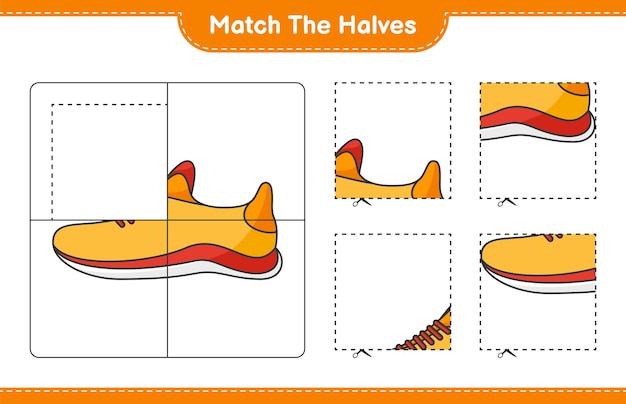 Match the halves. Match halves of Running Shoes. Educational children game, printable worksheet, vector illustration