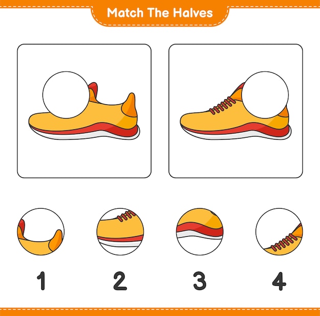Match the halves. Match halves of Running Shoes. Educational children game, printable worksheet, vector illustration
