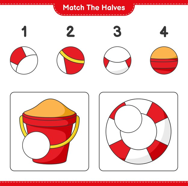 Match the halves. Match halves of Sand Bucket and Lifebuoy. Educational children game, printable worksheet, vector illustration