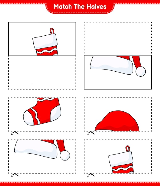 Match the halves Match halves of Santa Hat and Christmas Sock Educational children game printable