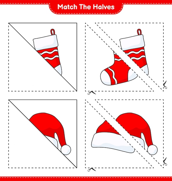 Match the halves Match halves of Santa Hat and Christmas Sock Educational children game printable