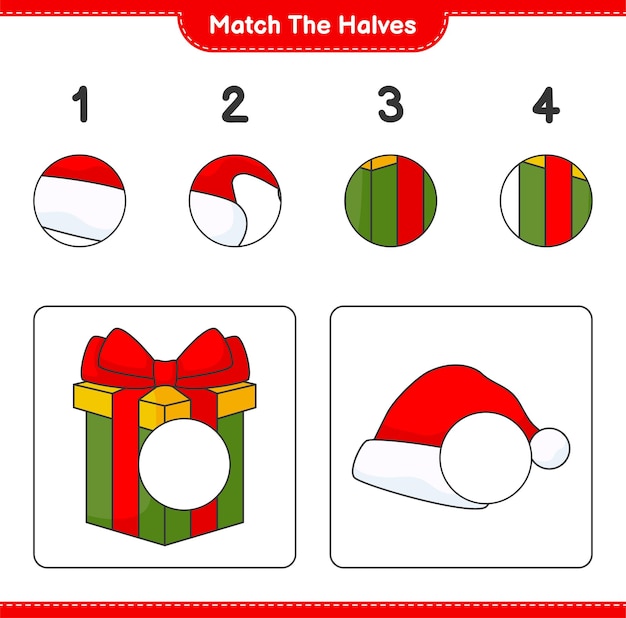 Match the halves match halves of santa hat and gift box educational children game printable worksheet vector illustration