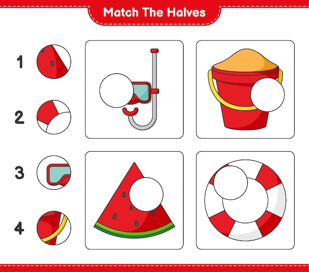 Match the halves Match halves of Scuba Diving Mask Sand Bucket Watermelon and Lifebuoy