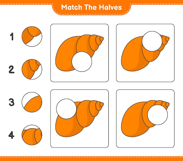 반쪽을 일치시킵니다. Sea Shells의 절반을 일치시킵니다. 교육용 어린이 게임, 인쇄 가능한 워크시트