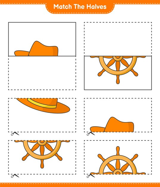Сопоставьте половинки Сопоставьте половинки корабельного рулевого колеса и летней шапки. Развивающая детская игра