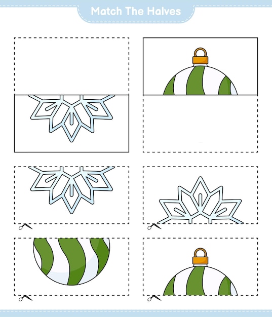 Match the halves match halves of snowflake and christmas ball educational children game printable worksheet vector illustration