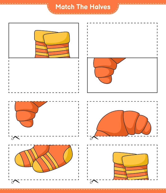 Match the halves Match halves of Socks and Croissant Educational children game printable worksheet vector illustration