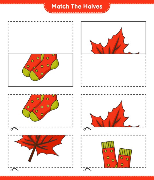 Match the halves Match halves of Socks and Maple Leaf Educational children game printable worksheet