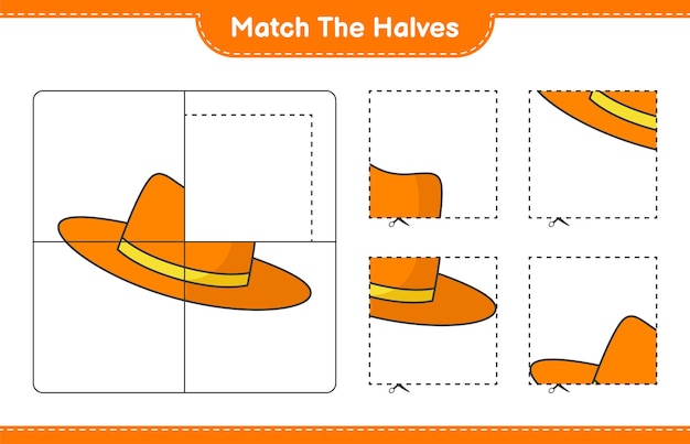 Abbinare le metà. abbinare le metà del cappello estivo. gioco educativo per bambini, foglio di lavoro stampabile