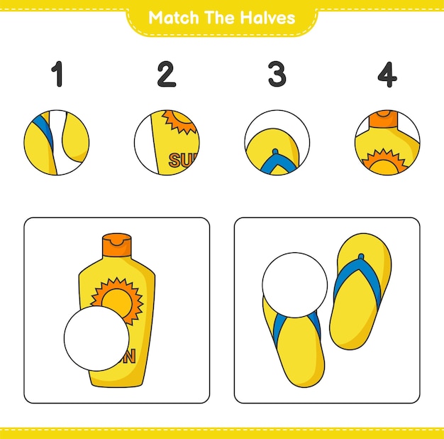 Match the halves. Match halves of Sunscreen and Flip Flop. Educational children game, printable worksheet, vector illustration