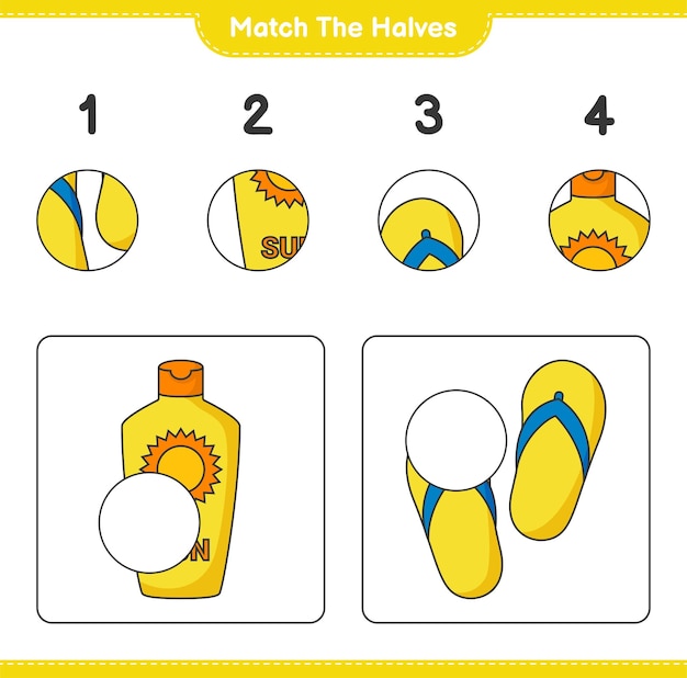 半分を一致させます。日焼け止めとフリップフロップの半分を一致させます。教育的な子供向けゲーム、印刷可能なワークシート、ベクターイラスト