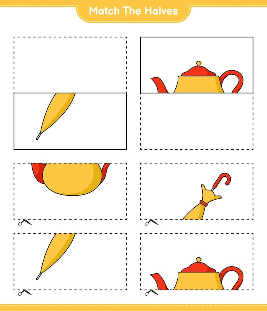 Match the halves Match halves of Teapot and Umbrella Educational children game printable worksheet vector illustration