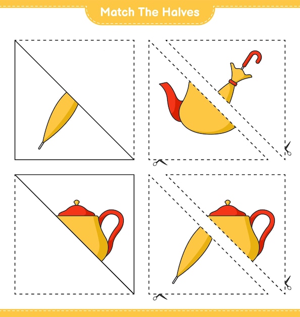 半分を一致させるティーポットと傘の半分を一致させる教育的な子供たちのゲーム印刷可能なワークシートベクトル図