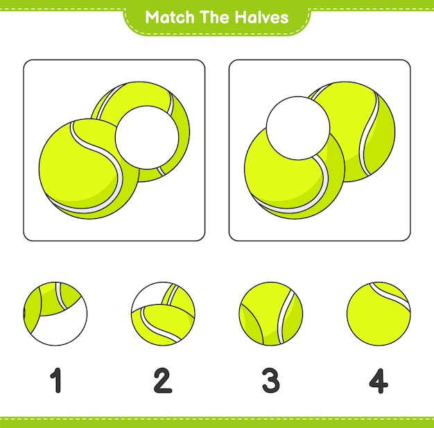 반쪽을 일치시킵니다. 테니스 공의 절반을 일치시킵니다. 교육 어린이 게임, 인쇄용 워크시트, 벡터 일러스트 레이 션