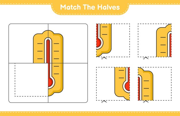 Match the halves Match halves of Thermometer Educational children game printable worksheet vector illustration