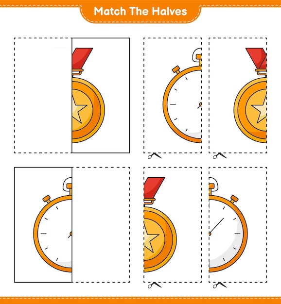 Match the halves. Match halves of Trophy and Stopwatch. Educational children game, printable worksheet, vector illustration