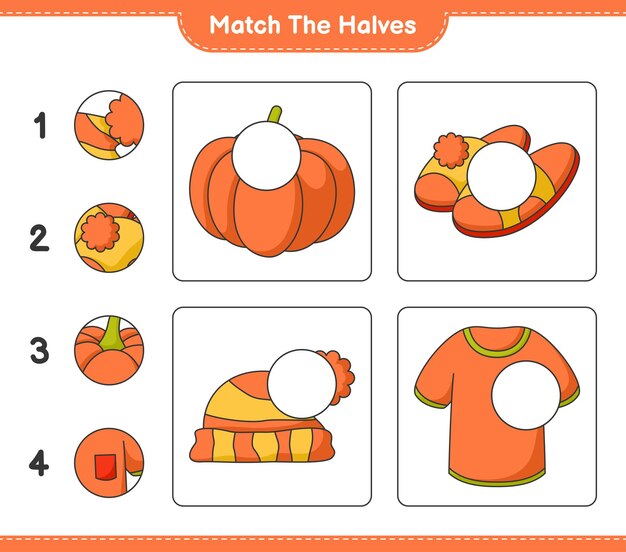 Match the halves Match halves of Tshirt Slippers Pumpkin and Hat Educational children game printable worksheet vector illustration