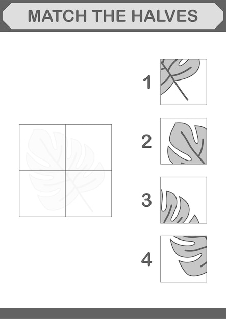 아이들을 위한 몬스테라 워크시트의 반쪽 맞추기