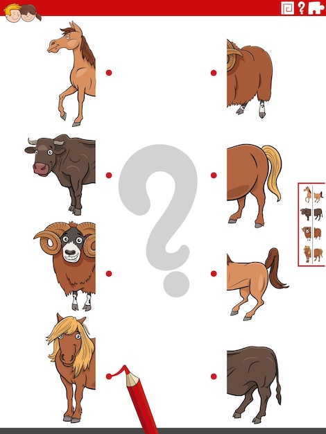 Match halves of pictures with farm animals educational game