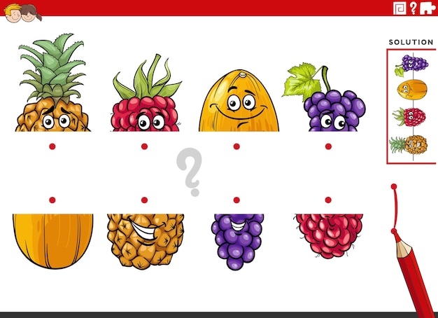 Match helften spel met cartoon fruit foto's