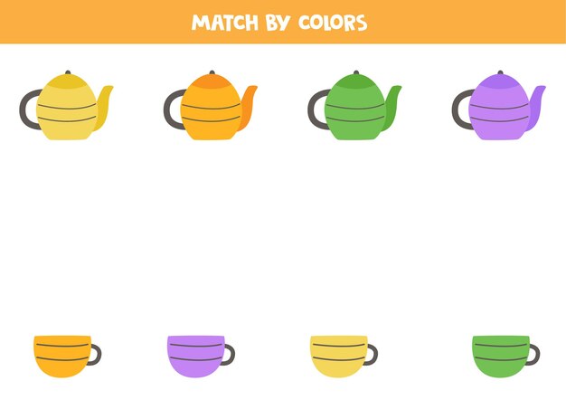 Abbina teiera da cucina e tazze da tè in base ai colori. gioco logico educativo per bambini.