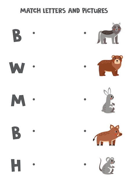 Match letters and words logical puzzle for kids woodland animals