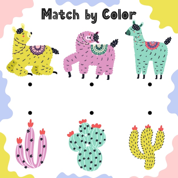 Abbina i lama ai cactus in base al colore. gioco educativo di attività di smistamento per i più piccoli. foglio di lavoro comparativo prescolare per bambini. illustrazione