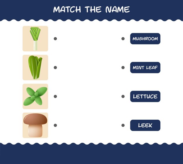 Vector match the name of cartoon vegetables. matching game. educational game for pre shool years kids and toddlers