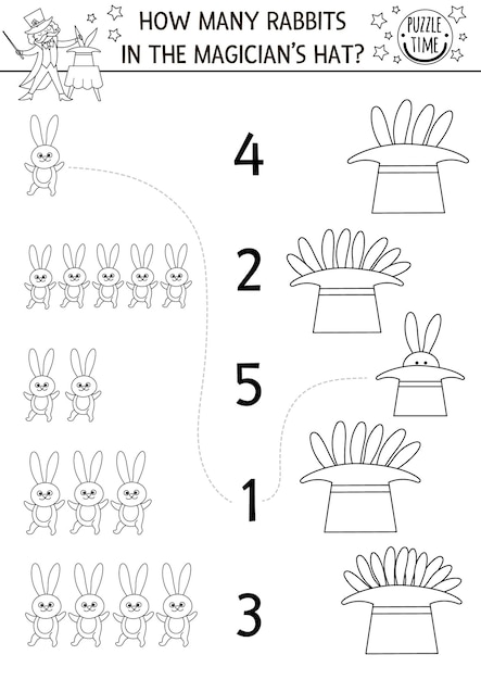 마술사 모자와 토끼로 숫자 흑백 서커스 게임을 맞추세요 미취학 아동을 위한 놀이 쇼 라인 수학 활동 축제 교육 계산 또는 색칠 페이지xA
