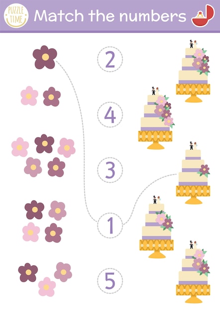 Vector match the numbers farm game with cake and flower decoration marriage ceremony math activity for preschool kids educational counting worksheet with traditional symbolsxa