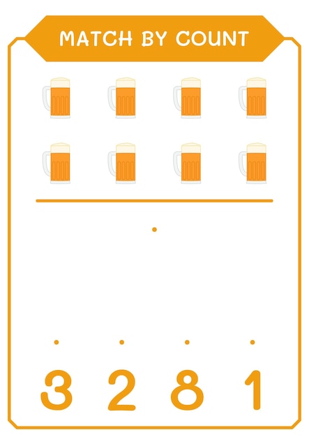 Match op telling van bierspel voor kinderen Afdrukbaar werkblad met vectorillustratie