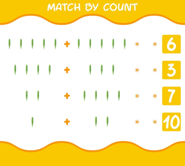 Match op telling van cartoon okra. Match en tel spel. Educatief spel voor kinderen en peuters in de kleuterklas