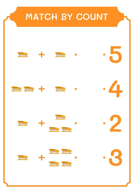 Match op telling van nietmachine-spel voor kinderen Afdrukbaar werkblad met vectorillustratie