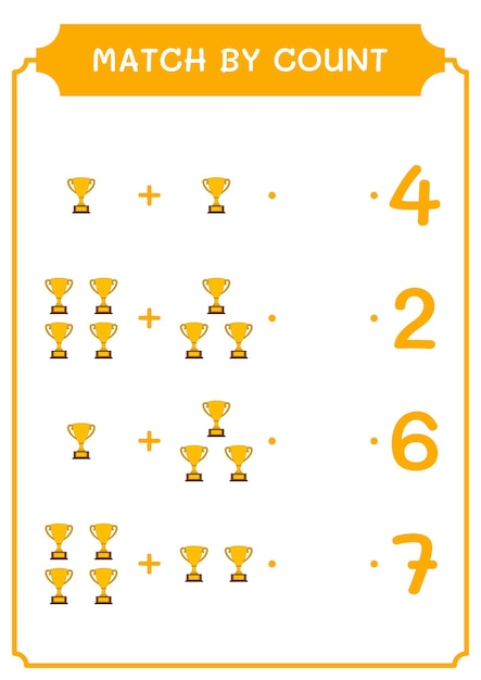 Match op telling van trophy-spel voor kinderen afdrukbaar werkblad met vectorillustratie