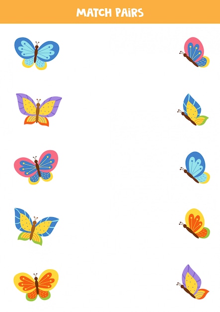 Abbina coppie di simpatiche farfalle volanti. foglio di lavoro educativo per bambini.