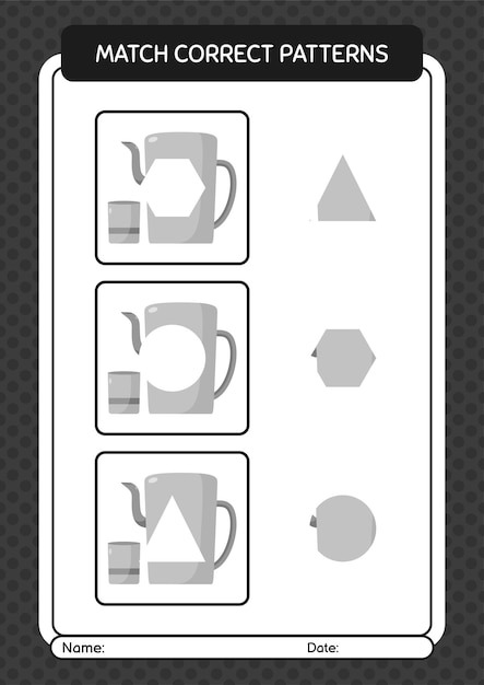 Match pattern game with arabic teapot worksheet for preschool kids kids activity sheet