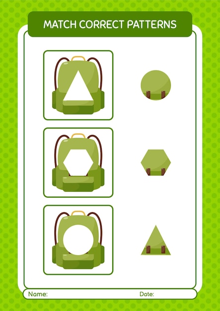 Match pattern game with backpack worksheet for preschool kids kids activity sheet