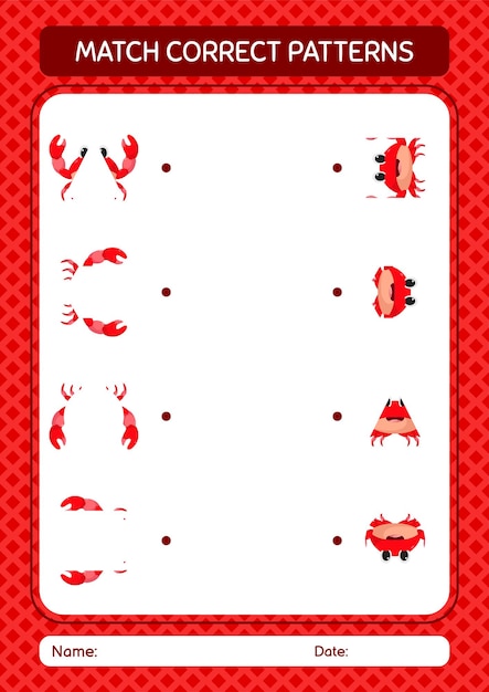 Match pattern game with crab worksheet for preschool kids kids activity sheet