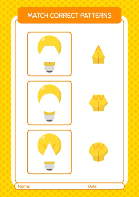 Match pattern game with light bulb worksheet for preschool kids kids activity sheet