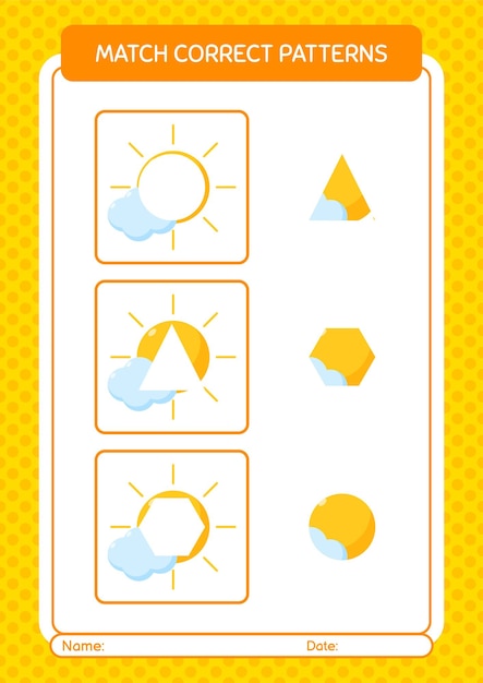 미취학 아동 아동 활동 시트를 위한 태양 워크시트와 패턴 게임 일치