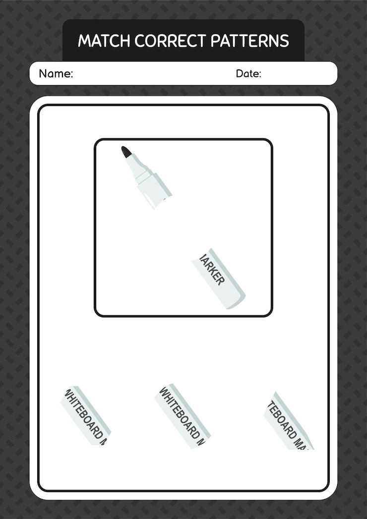 Vector match pattern game with whiteboard marker worksheet for preschool kids kids activity sheet