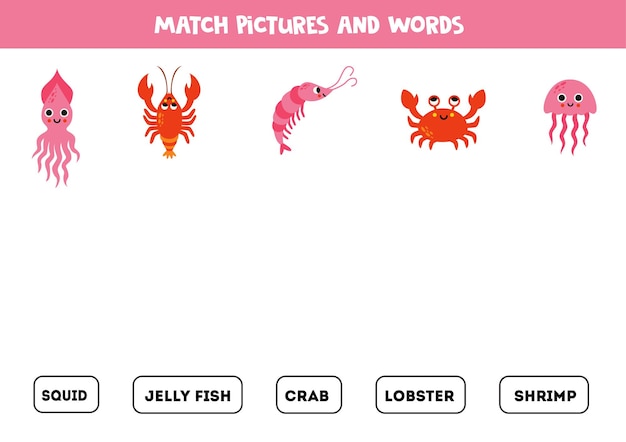 Match pictures and words logical puzzle for kids sea animals