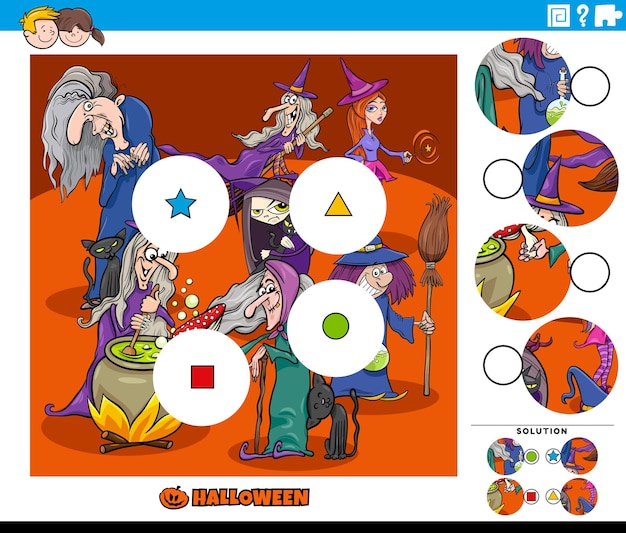 Match the pieces jigsaw puzzle game with witches halloween characters