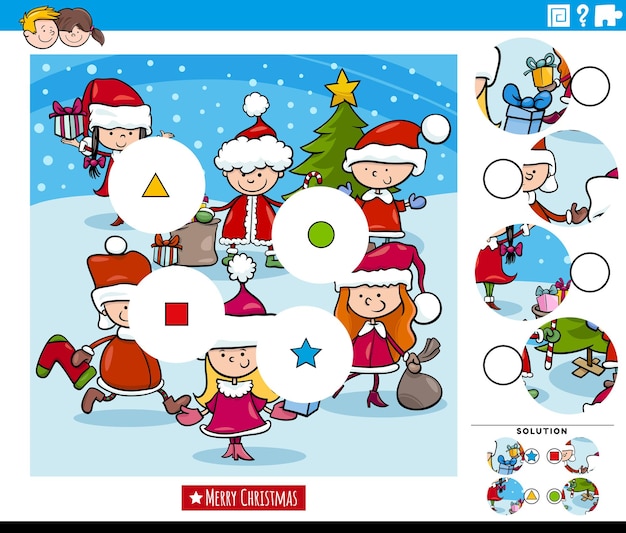 Match the pieces jigsaw puzzle task with cartoon children on christmas time